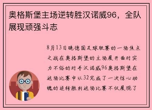 奥格斯堡主场逆转胜汉诺威96，全队展现顽强斗志