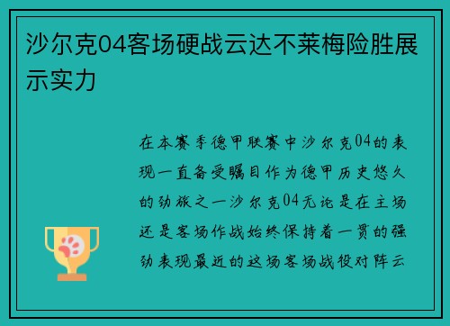 沙尔克04客场硬战云达不莱梅险胜展示实力